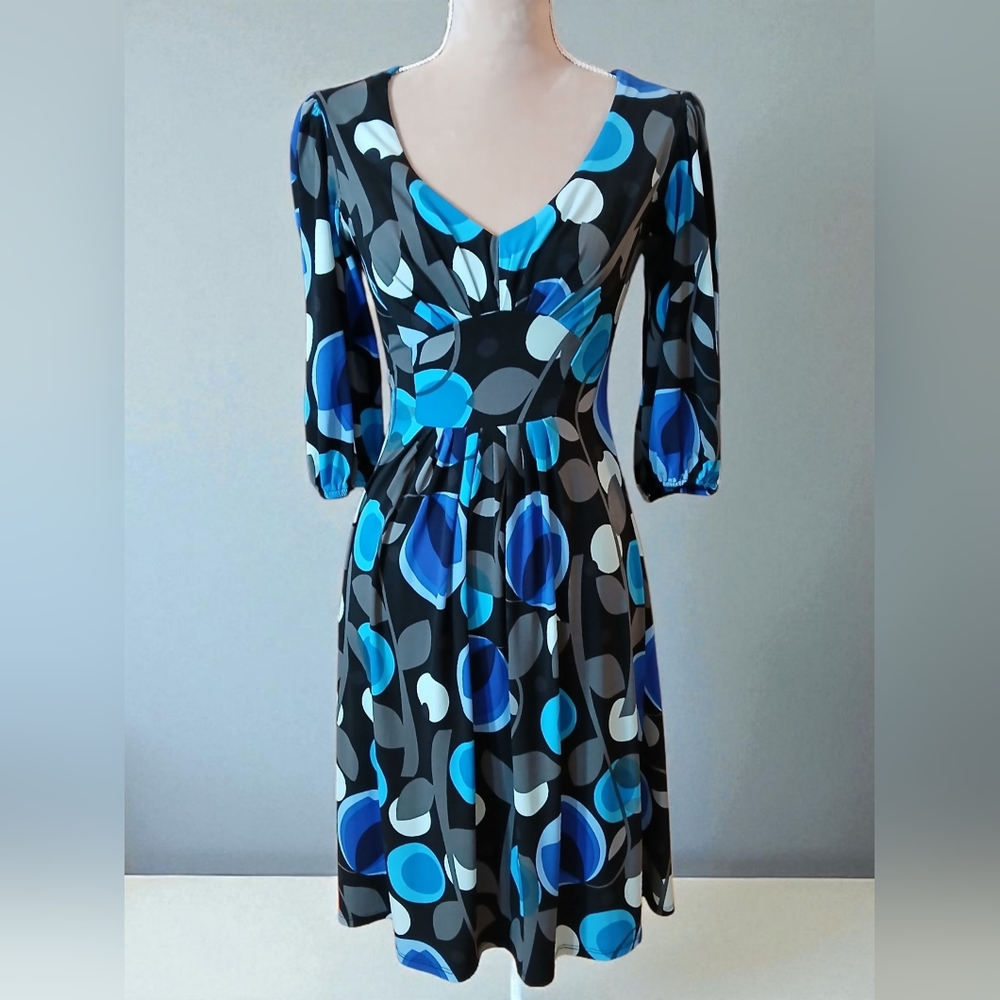 Vintage Y2k Black Blue Stretch Polka Dot Dress Balloon Sleeves 4 Going Out